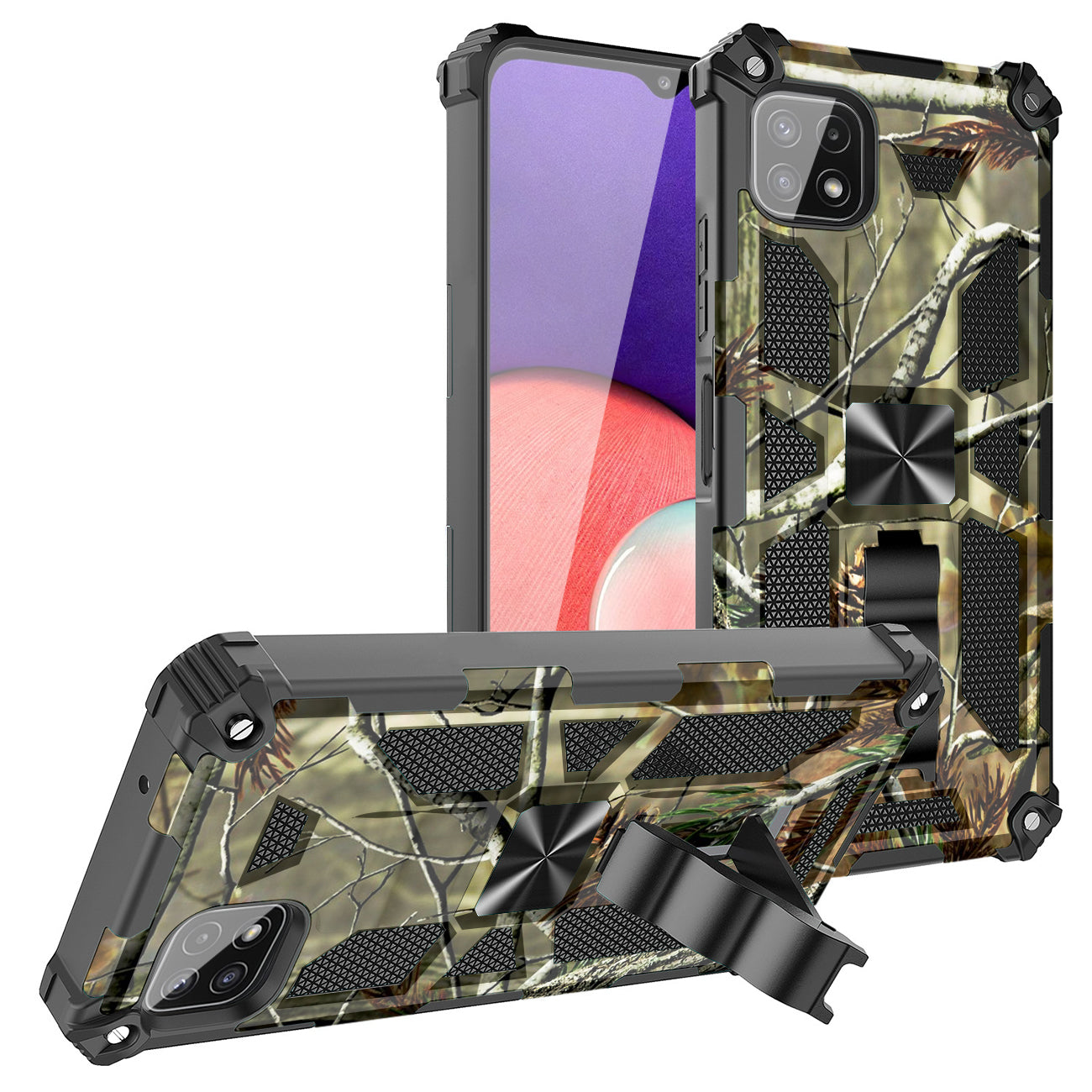 Built-in Kickstand TPU Case with Magnetic Mount for SAMSUNG GALAXY A22 5G in Tree leaf patterns